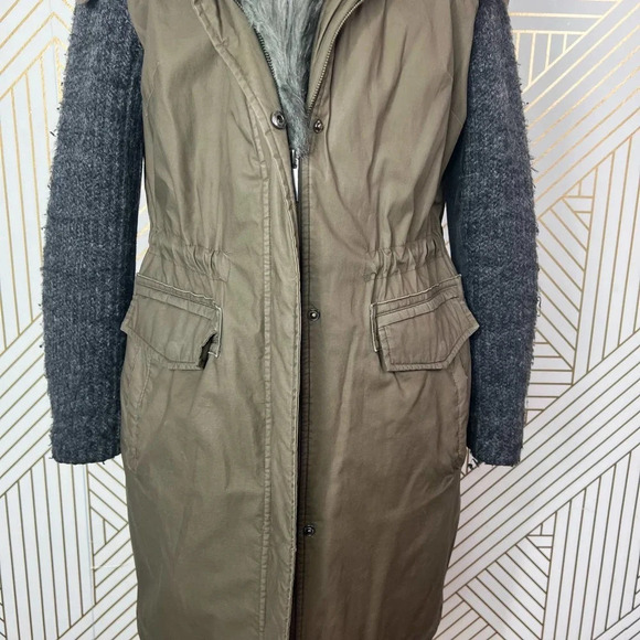 Vera Wang Faux Fur Trim Mixed Media Anorak Coat Green Khaki Size Small - Picture 5 of 12